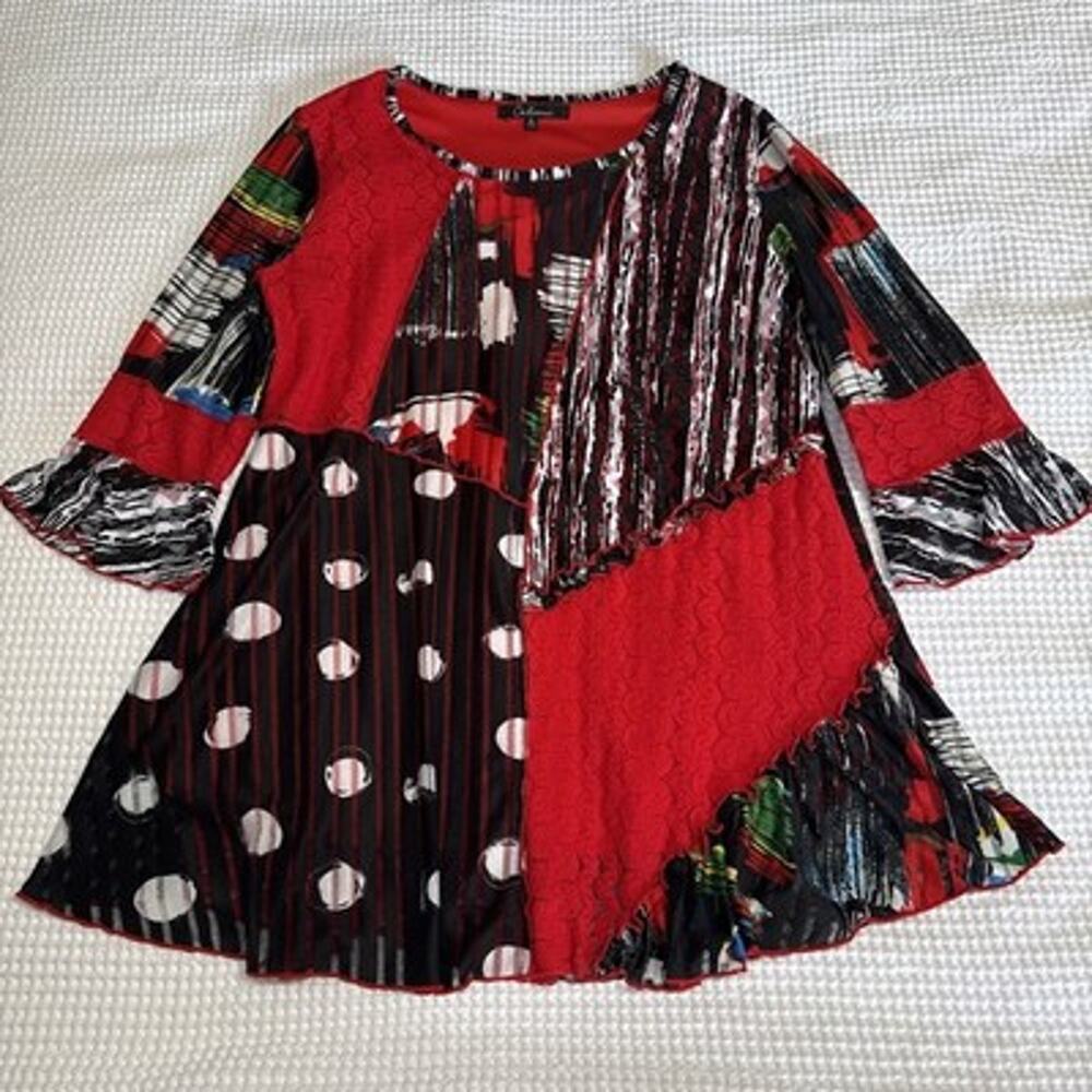Calessa Blouse Tunic Womens XL Abstract Mixed Media Lined 3/4 Ruffle Sleeve EUC